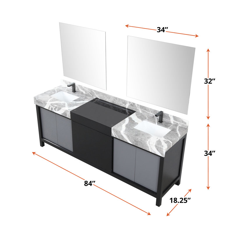 Zilara 84" Double Vanity with Castle Gray Marble Top and Black Faucet