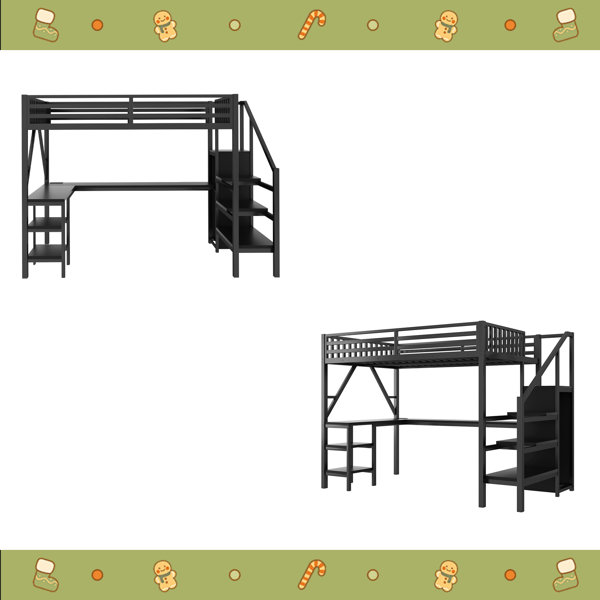Harriet Bee Metal Full Loft Bed With Wardrobe And LED Light, Full Size ...