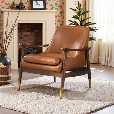 Faux Leather Accent Chair With Solid Wood Frame And Brass-Tipped Legs