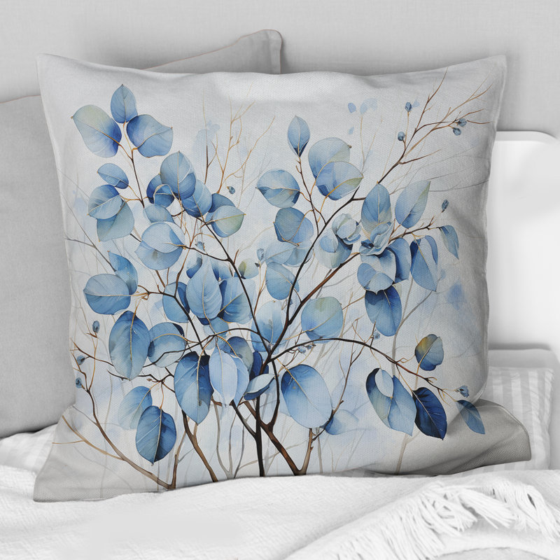 Blue And Grey Leave On Branch III - Leaves Printed Throw Pillow