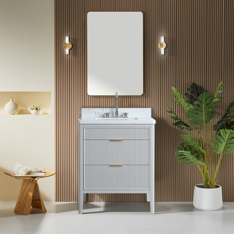 Meuble-lavabo simple autoportant entièrement assemblé avec plateau et dosseret d'ingénierie et structure en bois massif, 30"
