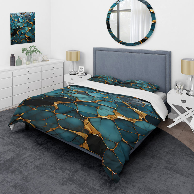 Ensemble de housse de couette en marbre bleu et doré Elegance III, Housse de couette simple + 1 taie décorative stan