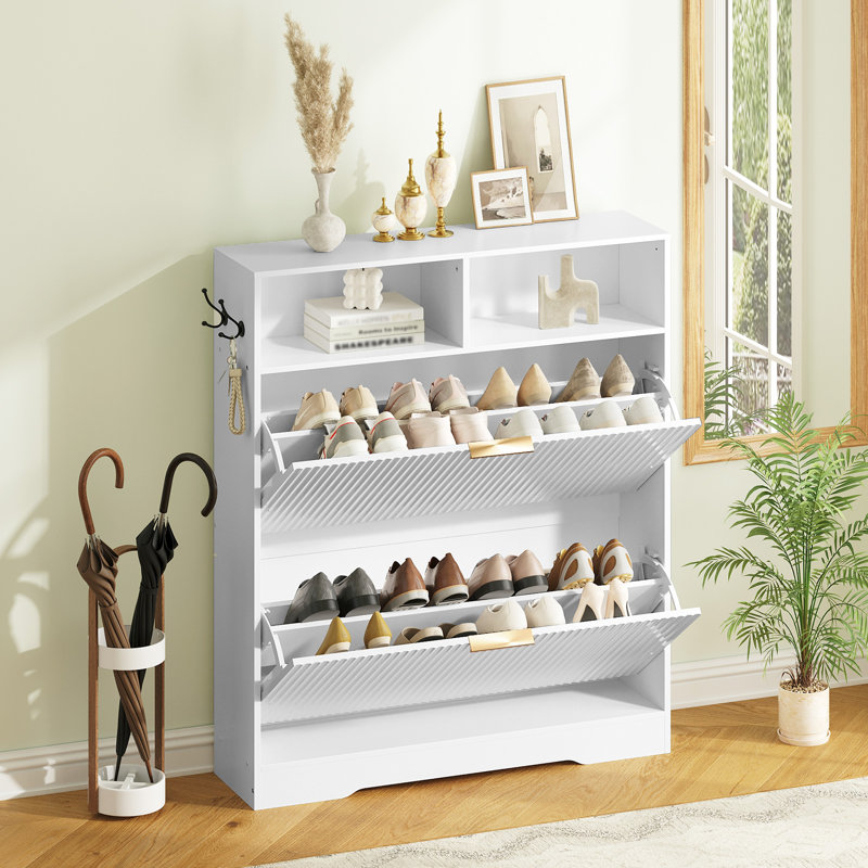 16 pairs Shoe Storage Cabinet with 2 Storage Compartments and 2 Hooks Shoe Organizer