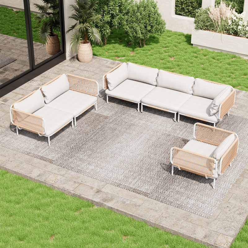 100.4'' Metal Outdoor Patio Sectional, Beige Cushion/Natural Frame