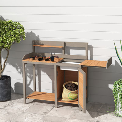 Banc de rempotage extérieur, table de poste de travail en bois avec armoire pour fournitures de jardin