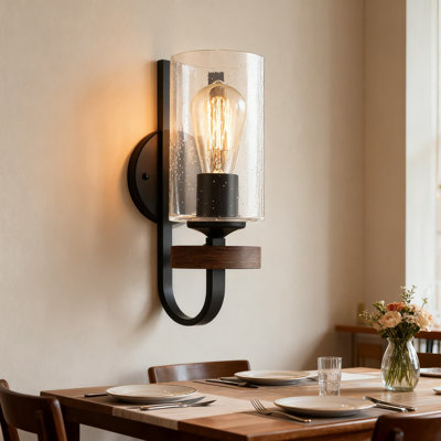 Industrial Farmhouse Wall Sconce With Seeded Cylindrical Glass Shade And Wood Grain Accent, E26 Socket Vanity Light For Bathroom, Hallway, Bedroom