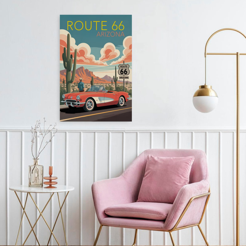 «Route 66», art rétro classique rétro, cactus, paysage, H 24 po x l 16 po