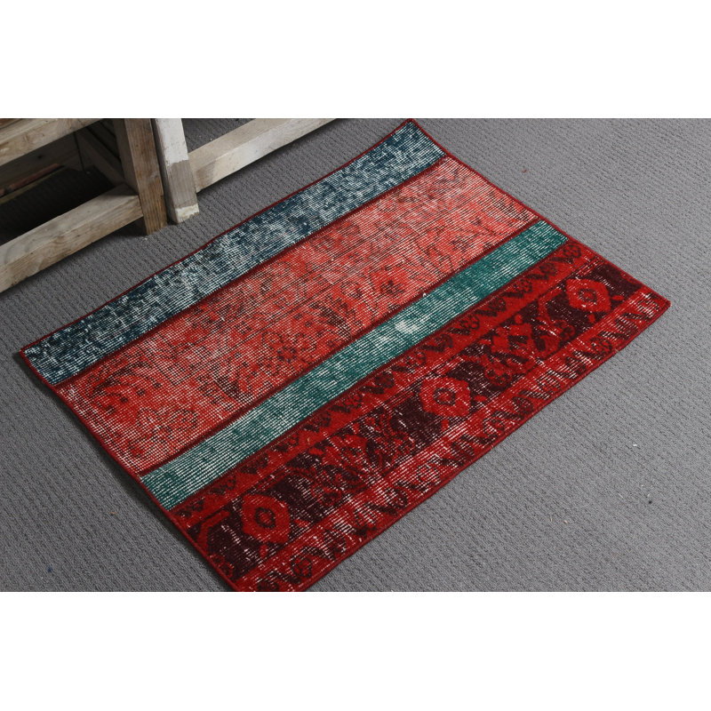 Small Red Wool Door Mat With Turkish Vintage Oushak Patchwork For Entry - Overdyed Natural Nomadic Anatolian Hand Tufted Design