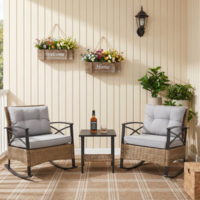 3-Piece Outdoor Wicker Rocking Chair Set Set Patio Conversation Set with Curved Rocker Chairs Side Table for Backyard, Porch, Poolside