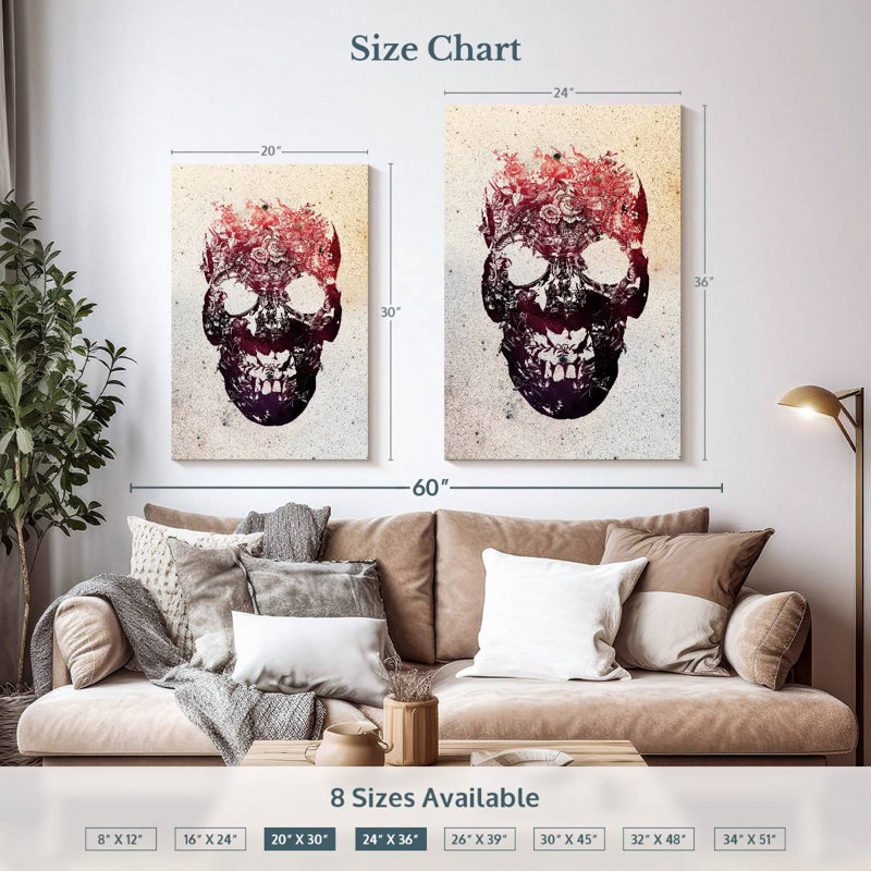 Crâne floral rose Kerner, H 36 po x l 24 po