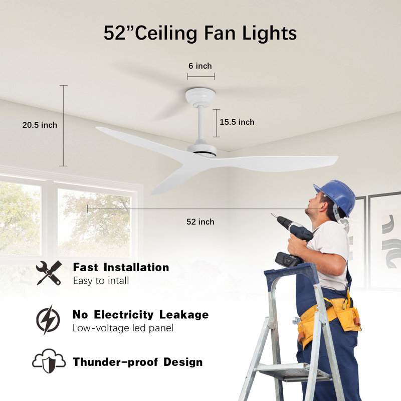 Ventilateur de plafond blanc de 52 pouces sans lumière, ventilateur de plafond à 3 pales, ventilateur de plafond intérieur / extérieur avec télécommande, moteur à courant continu réversible silencieux pour la chambre à coucher / salon