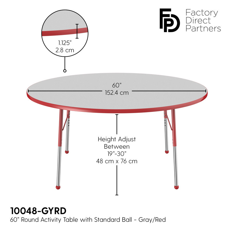 Table ronde à hauteur réglable, H 24 po x L 60 po x l 60 po, Gris / rouge, Standard Ball Glide