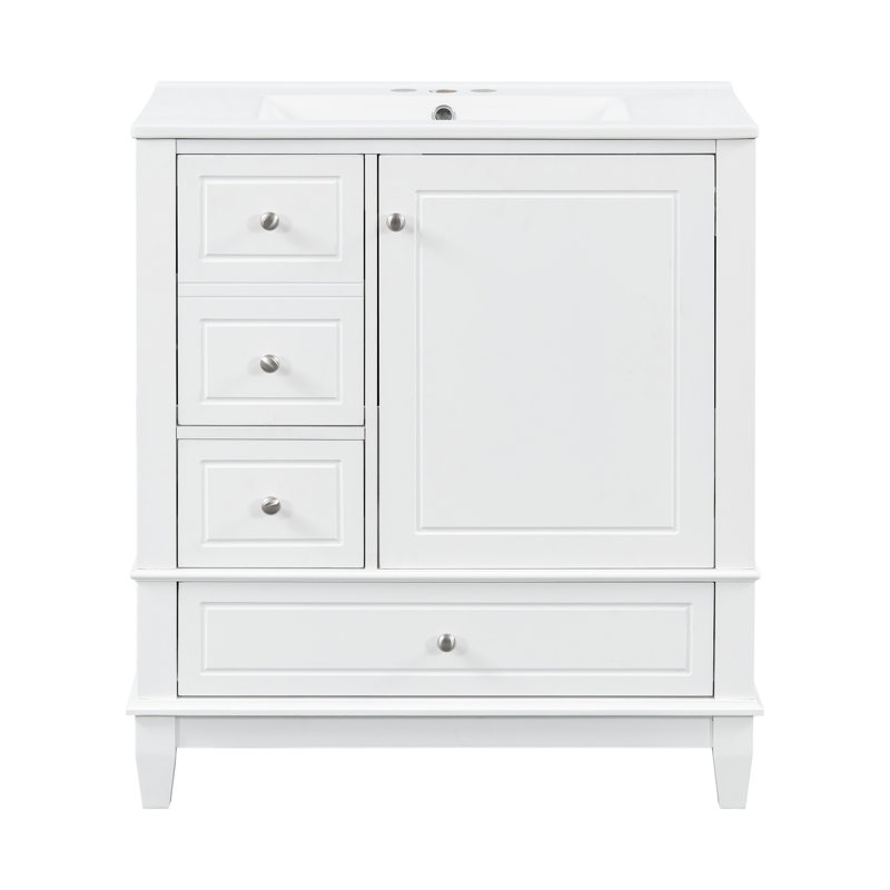 Meuble-lavabo avec lavabo, tablette et tiroirs, Argent argent, Blanc