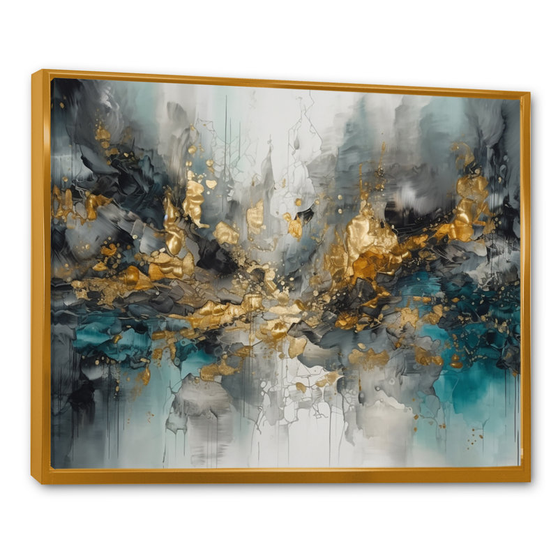 Gris, or moderne abstrait contemporain I - art mural abstrait en marbre, H 12 po x l 20 po x P 1 po, Cadre flottant doré