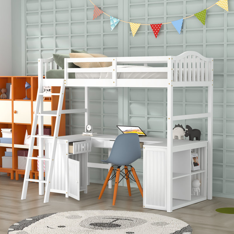 Lit mezzanine 2 tiroirs avec tablettes Giavonnie par Harriet Bee, Blanc