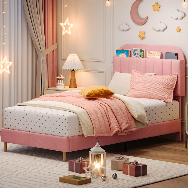 Lit-bibliothèque tapissier Soleigh, Rose clair, Simple