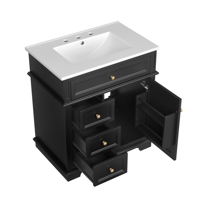 Meuble-lavabo à cadre en bois massif de 30 po avec lavabo, tiroir à une extrémité, 3 tiroirs et tablette de porte