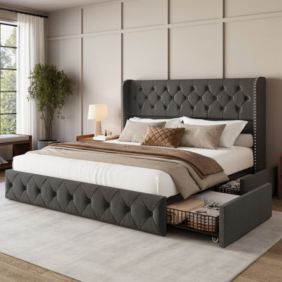Très grand lit plateforme tapissier avec tiroirs de rangement, structure de lit capitonnée avec dossier à oreilles et tête de lit, gris foncé