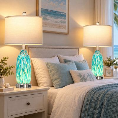 Ensemble de 2 lampes de table en verre vert paon de 66 cm (26 po) avec ports USB et prise de courant