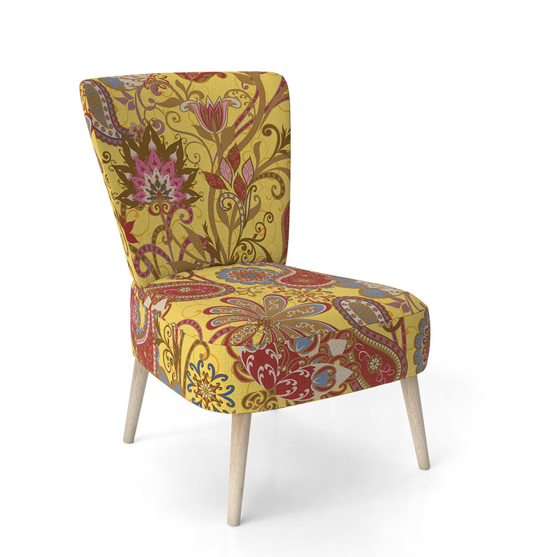 Upholstered Floral Side Chair - Modern floral Accent Chair, Abstract Yellow/Red Polyester Blend