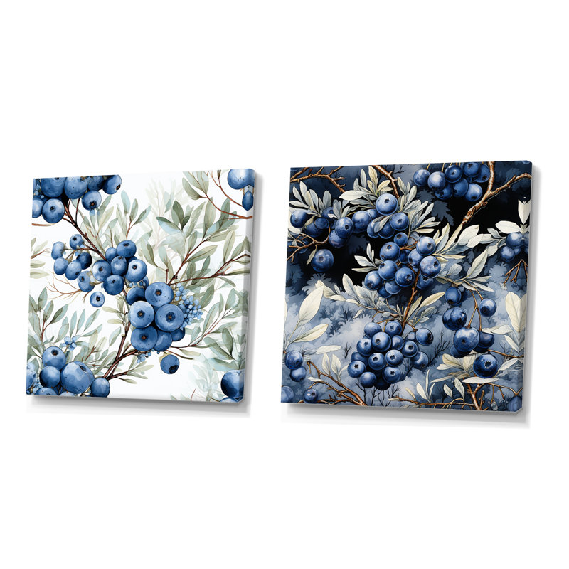 Winter Berry Blueberry Grove I - Fruits Wall Art Prints Set Of 2, 36" H x 73" W x 1.5" D, Wrapped Canvas