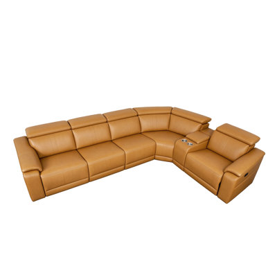 Canapé d'angle électrique inclinable 5 places en cuir jaune vintage de 225,5 pouces avec console centrale, porte-gobelets et coffre de rangement, réglage de l'angle d'inclinaison de 90° à 160°