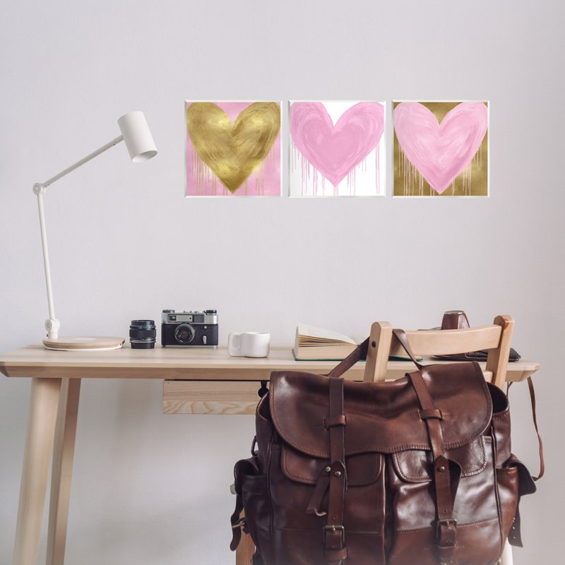 Glam Paint Drip Hearts Design Pink Gold Shapes par Lindsay Rodgers - ensemble de 3 impressions