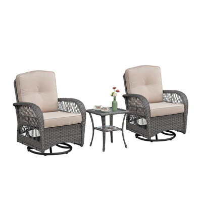 3 Pieces Conversation Set, Outdoor Wicker Rocker Swivel Patio Bistro Set, Rocking Chair With Glass Top Side Table