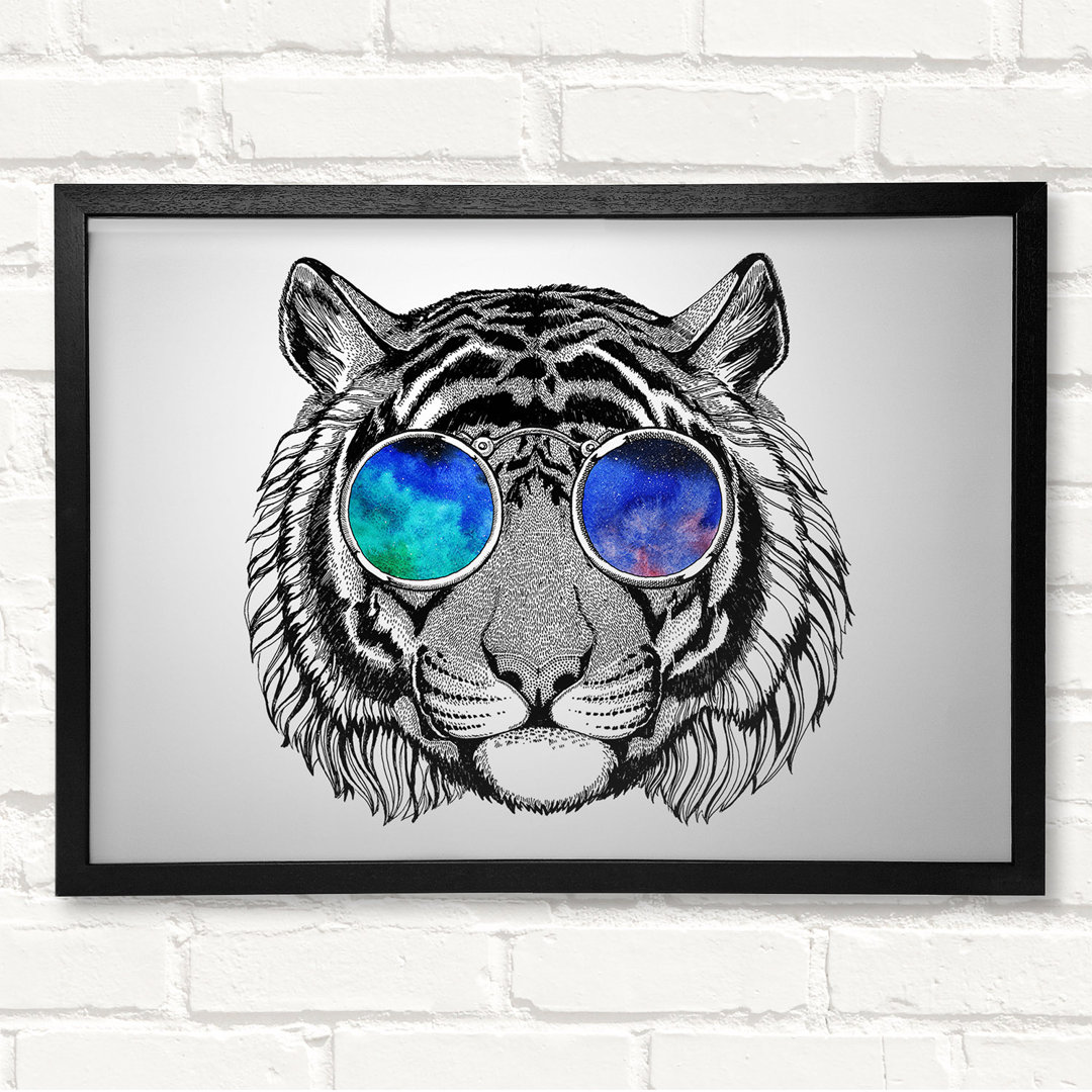 Glasses On A Tiger Hipster - Closed Corner Frame Kunstdrucke auf Holz