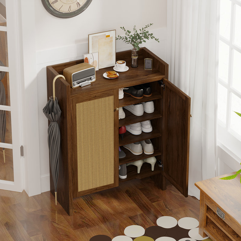 42.5" Tall Rattan Shoe Cabinet With Doors, 6-Tier Shoe Storage Cabinet With Adjustable Shelves, Wooden Freestanding Shoe Organizer Shoe Cabinet For Entryway,Hallway,Living Room (Walnut), Shoe Storage