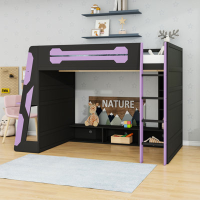 Lit mezzanine double avec bureau de jeu intégré, éclairage RVB ambiant et tablettes