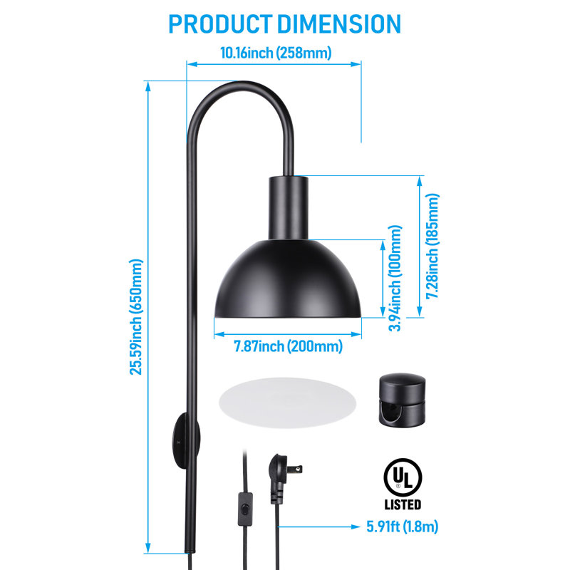 Applique murale à brancher, lampe murale d'intérieur en métal, base E26, DEL maximale de 20 W, ampoule non incluse, noir