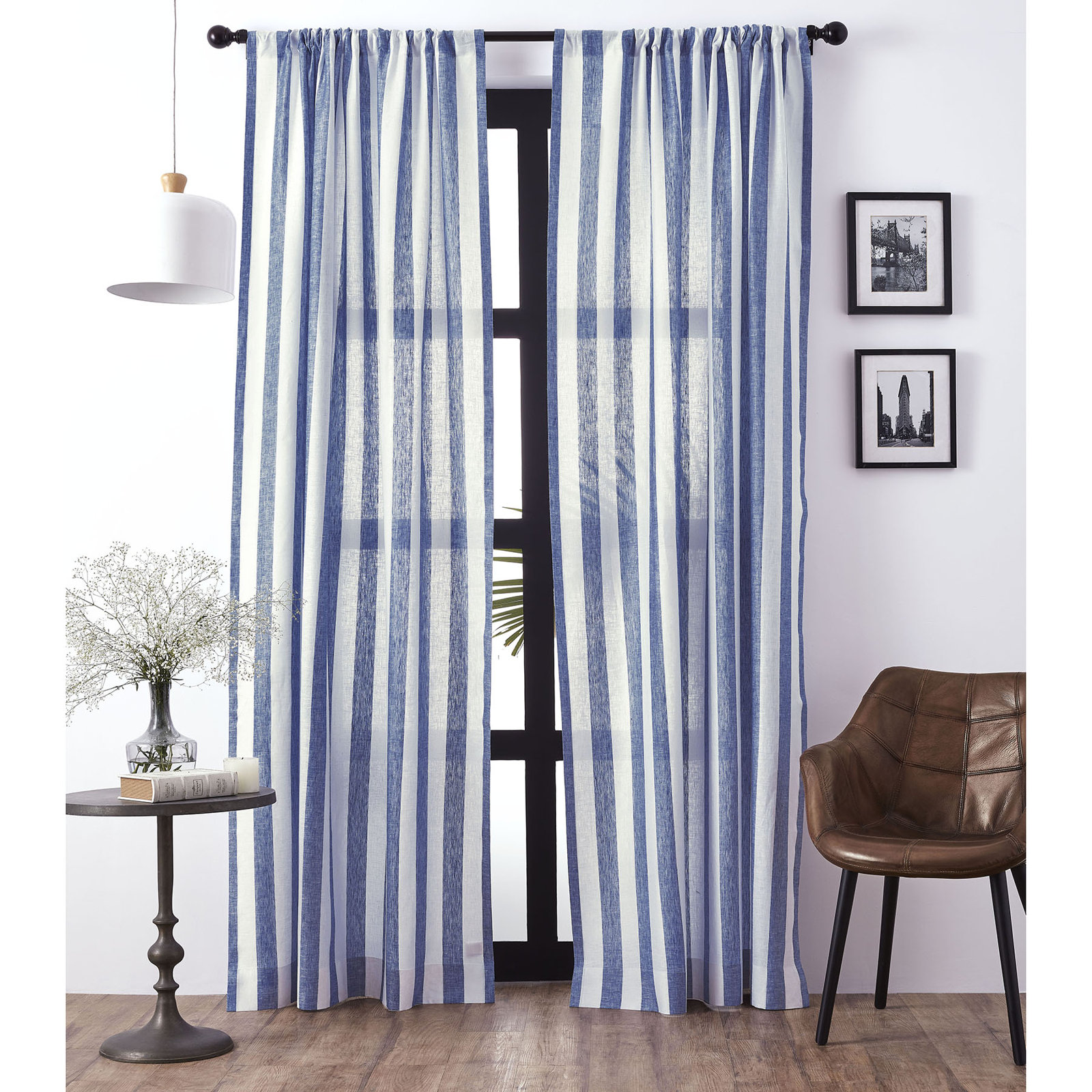Striped Pure Linen Semi-Sheer Curtain Panel, 52" W x 108" L, Navy and White