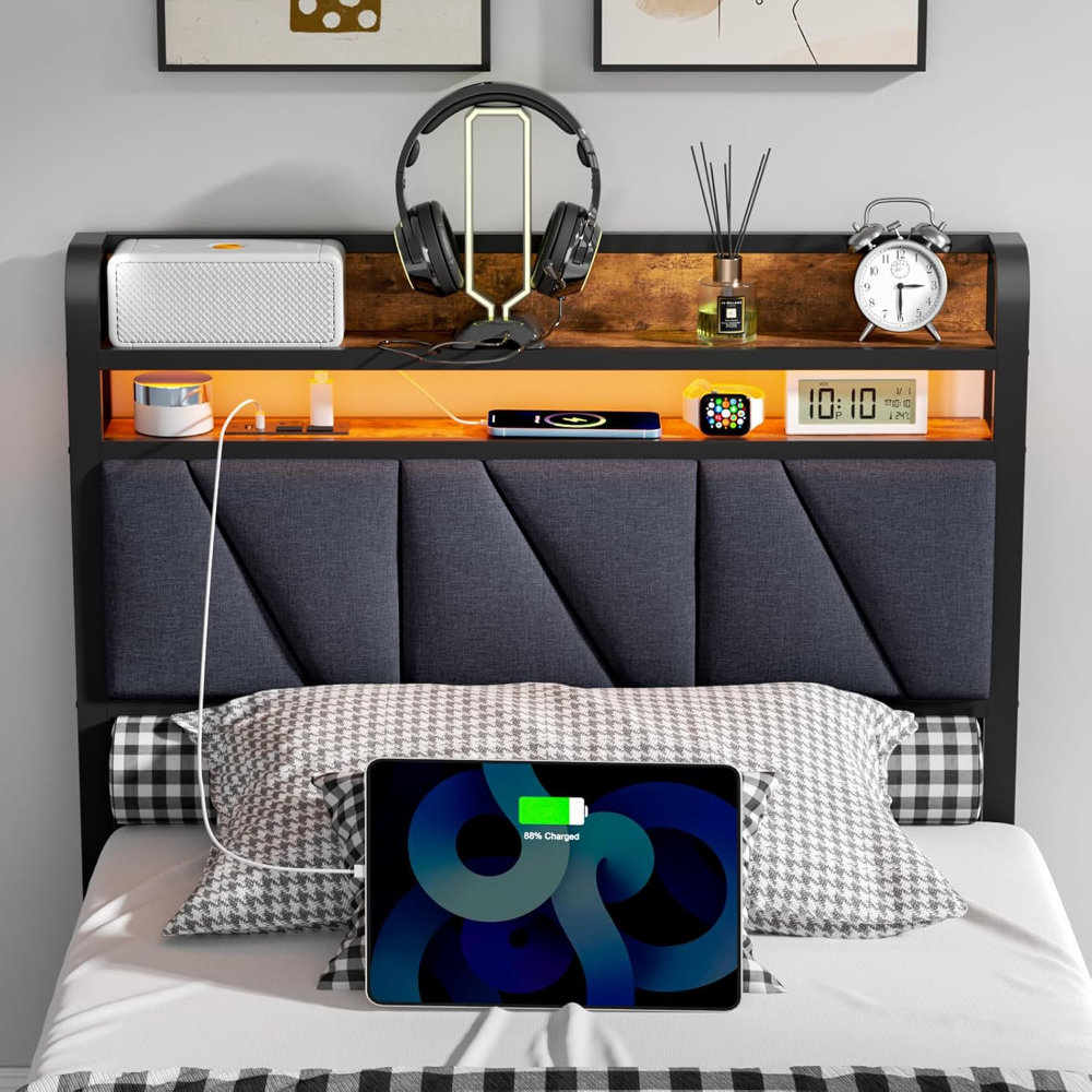 17 Stories Headboard Storage 2 Tier Headboard With USB Ports For Dorm ...