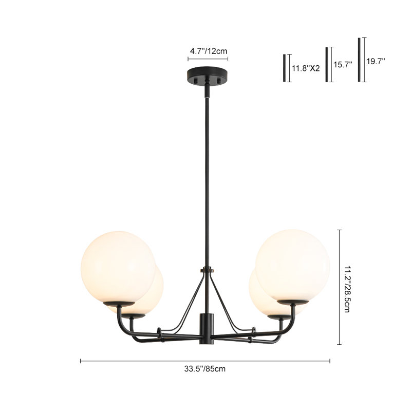 Lustre en verre opale 4 lumières à intensité variable, Noir mat