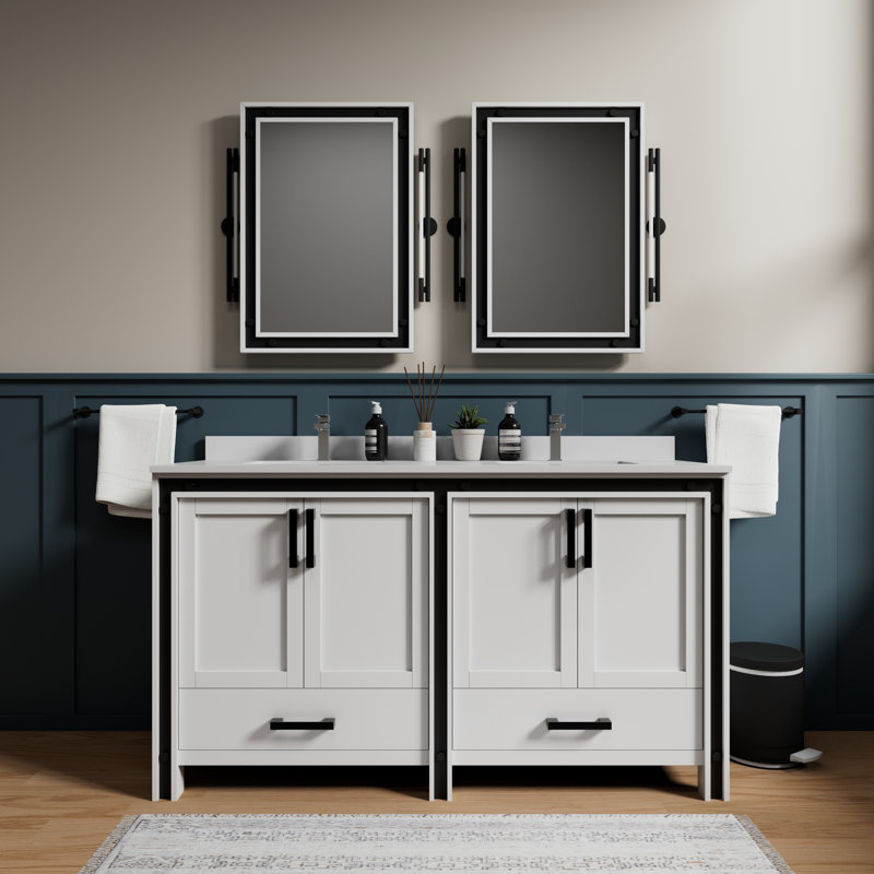 Ziva 60-Inch White Double Sink Freestanding Bathroom Vanity with Quartz Top