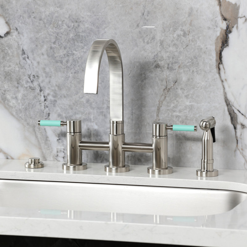 Kingston Brass Kaiser Two-Handle 4-Hole Deck Mount Bridge Kitchen Faucet with Brass Side Sprayer, Brushed Nickel