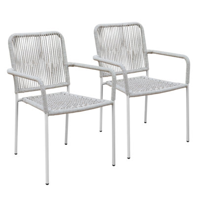 Deasha Modern Stackable All-Weather Patio Dining Chair - Outdoor & Indoor - Rope Rattan Armchairs - Cloudy Beige Powder Coated Steel (Set of 2)