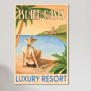 « island oasis », affiche rétro sur toile, H 26 po x l 18 po x P 1,5 po