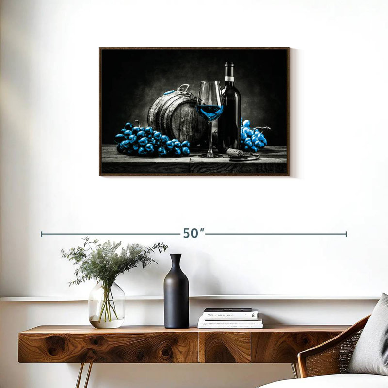 Vin et raisins - bleu éclatant, Cadre flottant noyer, 31 po x 21 po