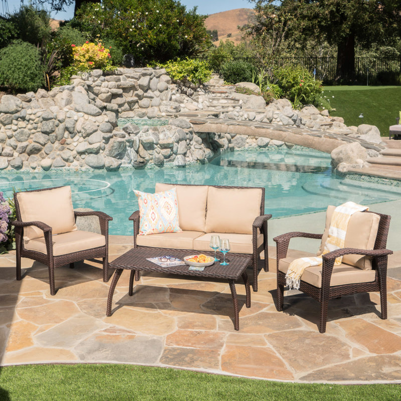 Chaise longue et table d'extérieur Pe 4Pc - Brun clair, fer, textile imperméable
