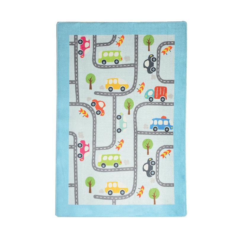 Tapis rectangulaire bleu / gris / vert en velours tissé à la machine Chicora, Rectangle 3 pi 3 po x 5 pi 3 po