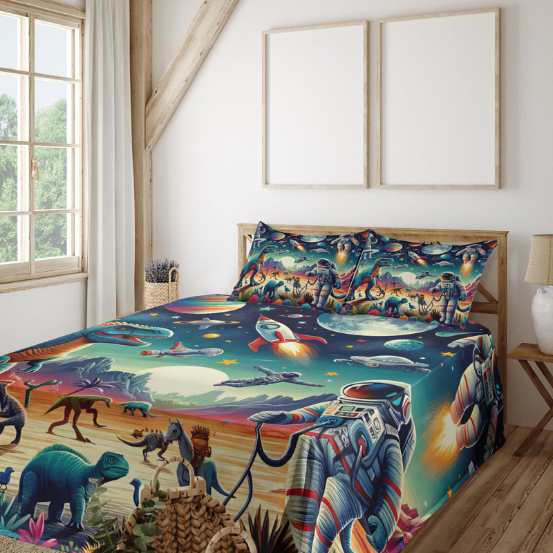Ambesonne Outer Space Sheet Set Surreal Astronaut Moon Multicolor Teal Red, King Sheet Set with 2 Pillowcases