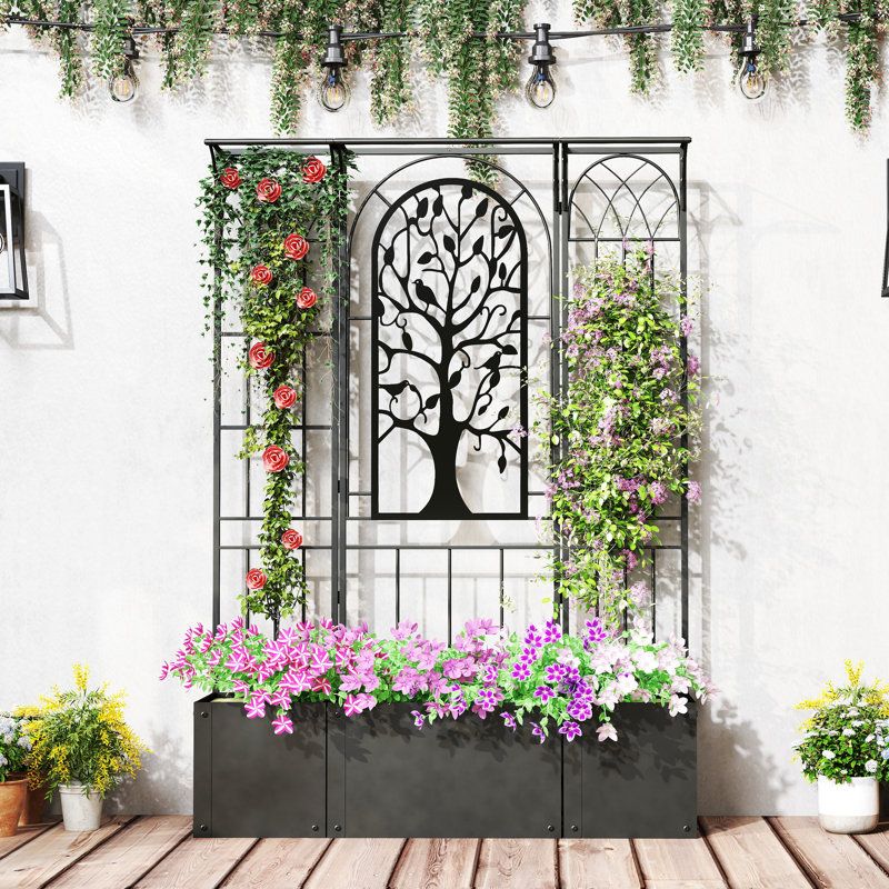 Metal Planter Box With Trellis, Fold Metal Raised Garden Bed, Tree Of Life Design, For Vine Climbing Plants, Flower