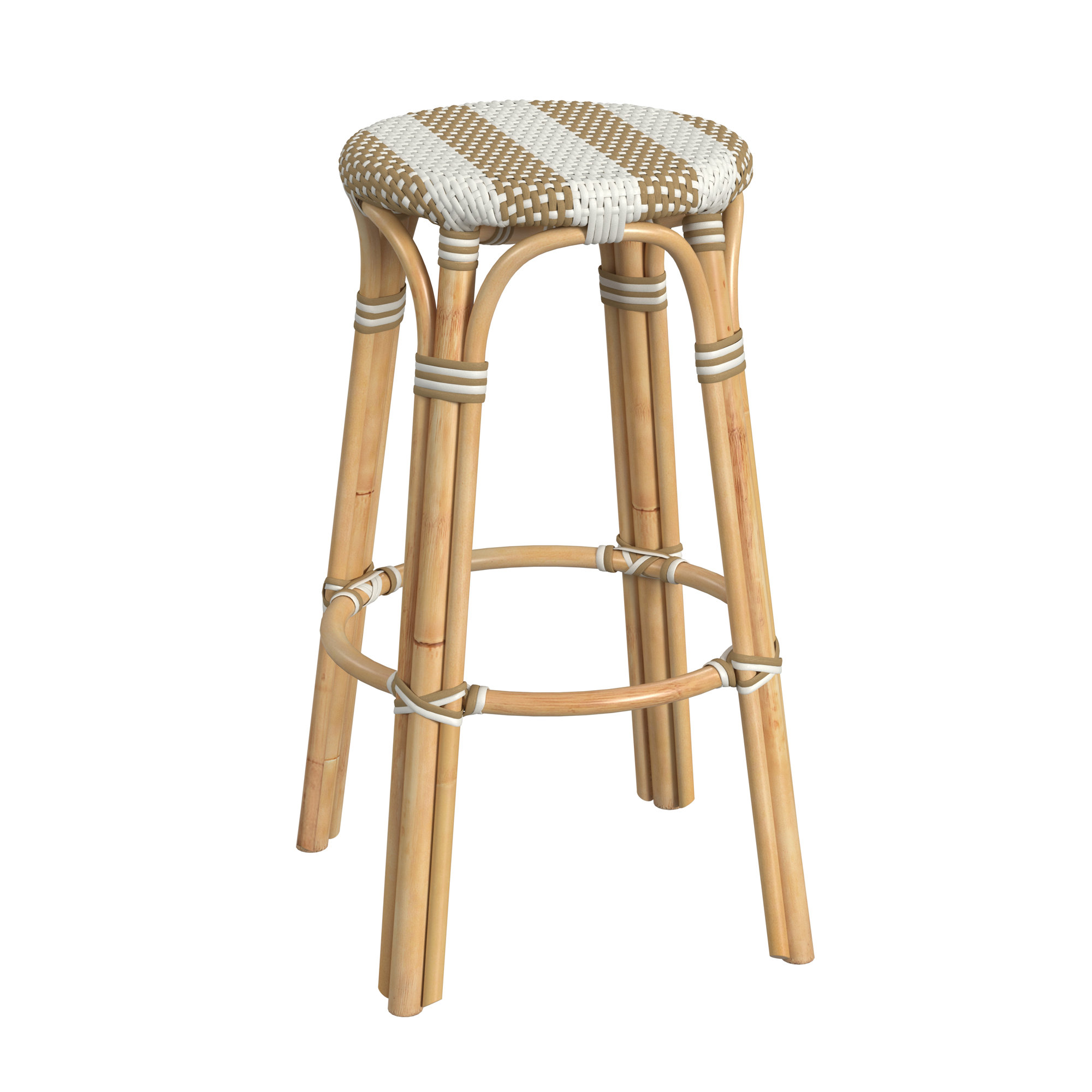 Alastair Bar & Counter Stool, Tan/White Stripe/Natural Rattan Frame, Bar Stool (30" Seat Height)