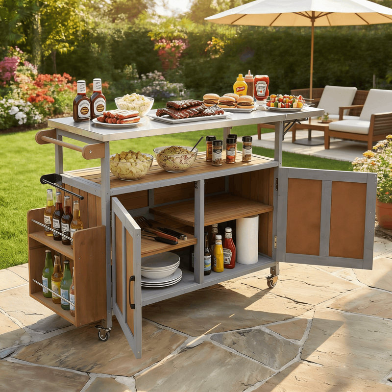 Foldable Outdoor Kitchen Island Patio Mobile Kitchen Cart Portable Outdoor Cooking Island With Lockable Wheels, Storage Cabinet And Towel Rack For Patio And Outdoor