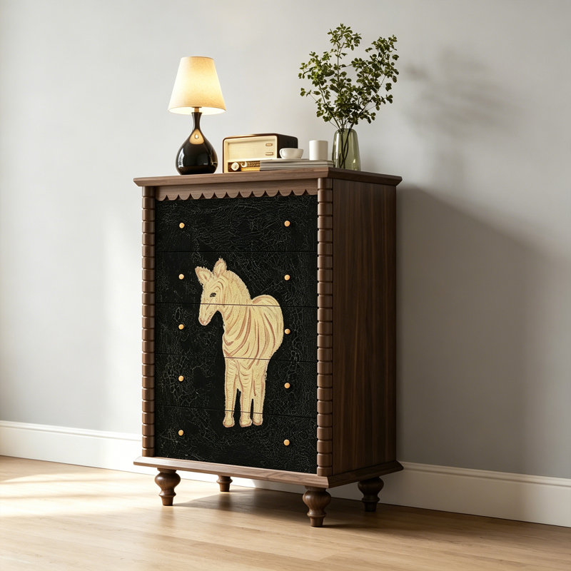 Commode 5 tiroirs en bois massif pour rangement multi-pièces, Noyer