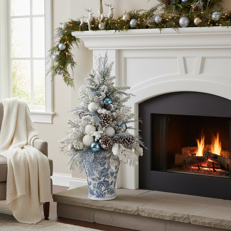 Arbre des Fêtes avec ornements et pommes de pin dans un vase décoratif