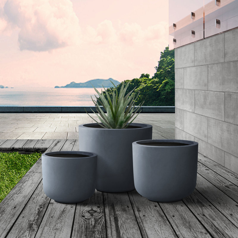 Tali 3 Piece 13.19 in, 11.02 in and 9.06 in L Round Lightweight Concrete and Fiberglass Indoor Outdoor Weather Resistant Planters with Drainage Holes Set