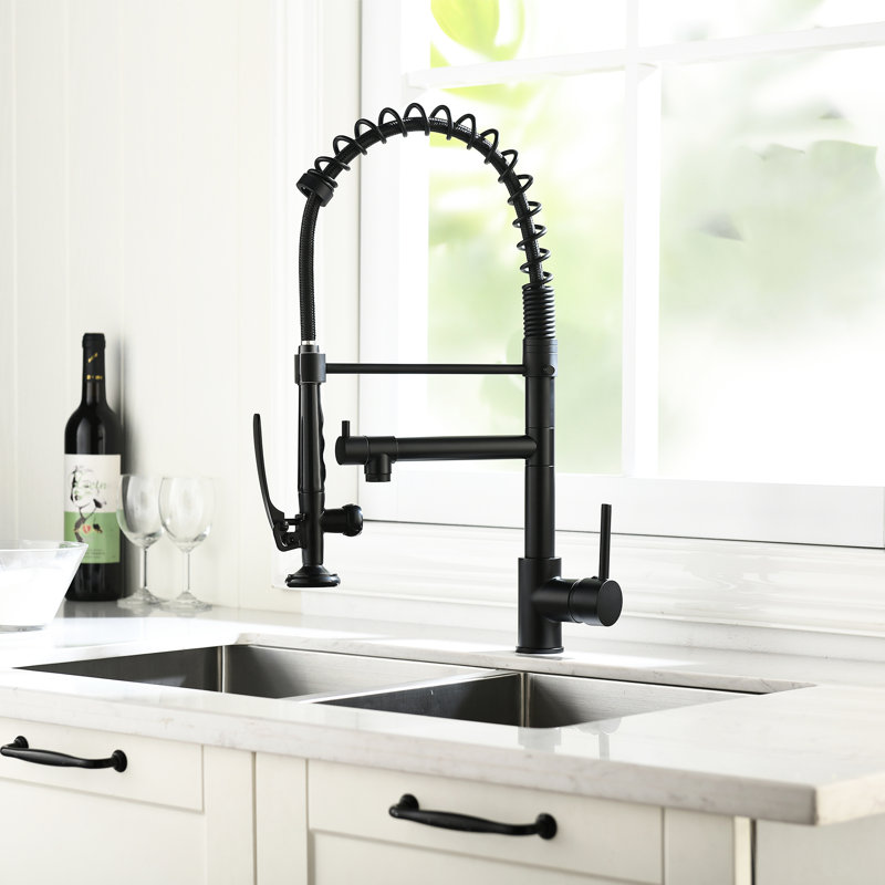 Robinet de cuisine rétractable noir et nickel - poignée simple, alimentation en eau froide chaude, teinture, nickel commercial moderne, eau chaude, évier robuste